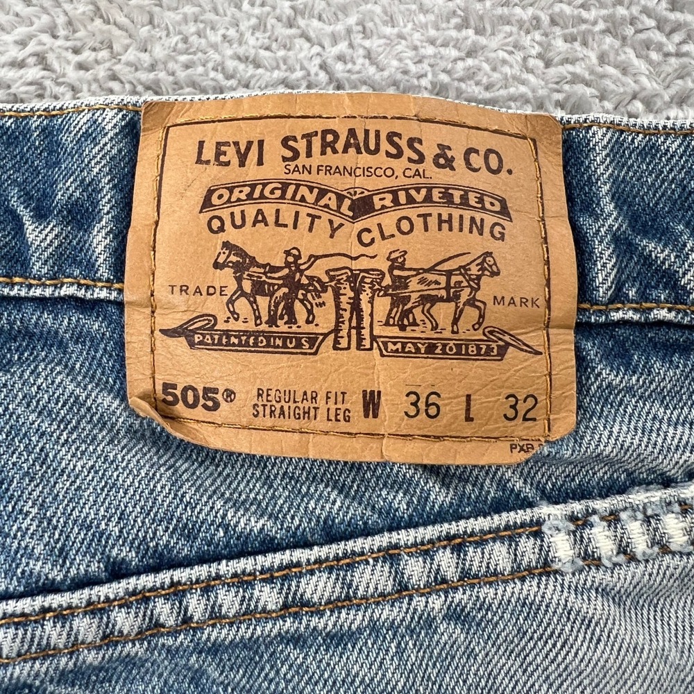 Levi's Orange Tab 505 Straight Leg 36x28 Blue Vintage Distressed Whisker Fade - Picture 11 of 16